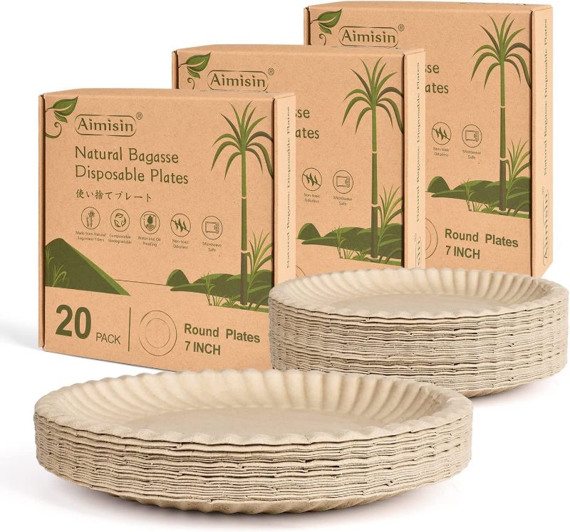 Photo 1 of Aimisin Disposable Bagasse Plates Biodegradable Natural Sugarcane Plates Heavy-Duty Compostable Plate for Parties BBQs Camping Wedding and Everyday Use (Round Plates 7'' - 60 pack)