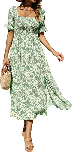 Photo 1 of 
Zuimoaes Women's Summer Bohemian Floral Smocked Square Neck Puff Sleeve Casual Split Beach Vacation Long Maxi Dress  SMALL