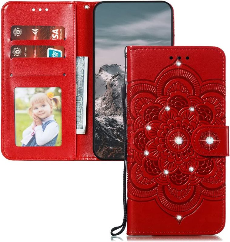 Photo 1 of  Galaxy S21 Ultra Diamond Case,Stylish Bling Embossing Flip Wallet Stand Card Slot Magnetic Clasp Soft PU Leather Cover for Samsung Galaxy S21 Ultra,LD Diamond Sunflower Red