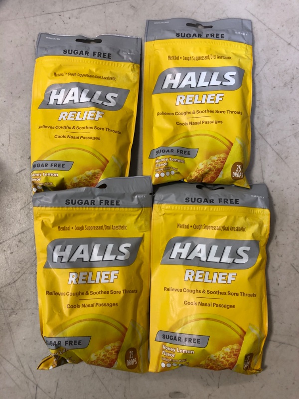 Photo 2 of 4 PACK ---HALLS Relief Sugar Free Honey-Lemon Flavor Cough Drops, 1 Bag (25 Total Drops)