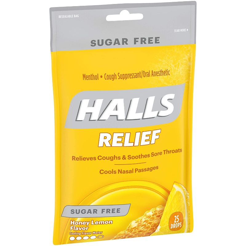 Photo 1 of 4 PACK ---HALLS Relief Sugar Free Honey-Lemon Flavor Cough Drops, 1 Bag (25 Total Drops)