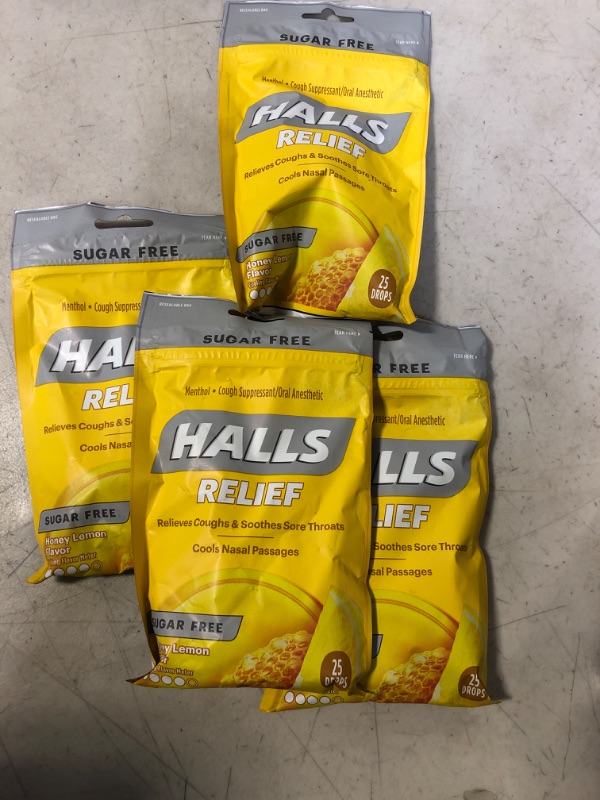 Photo 2 of 4 PACK ---HALLS Relief Sugar Free Honey-Lemon Flavor Cough Drops, 1 Bag (25 Total Drops)