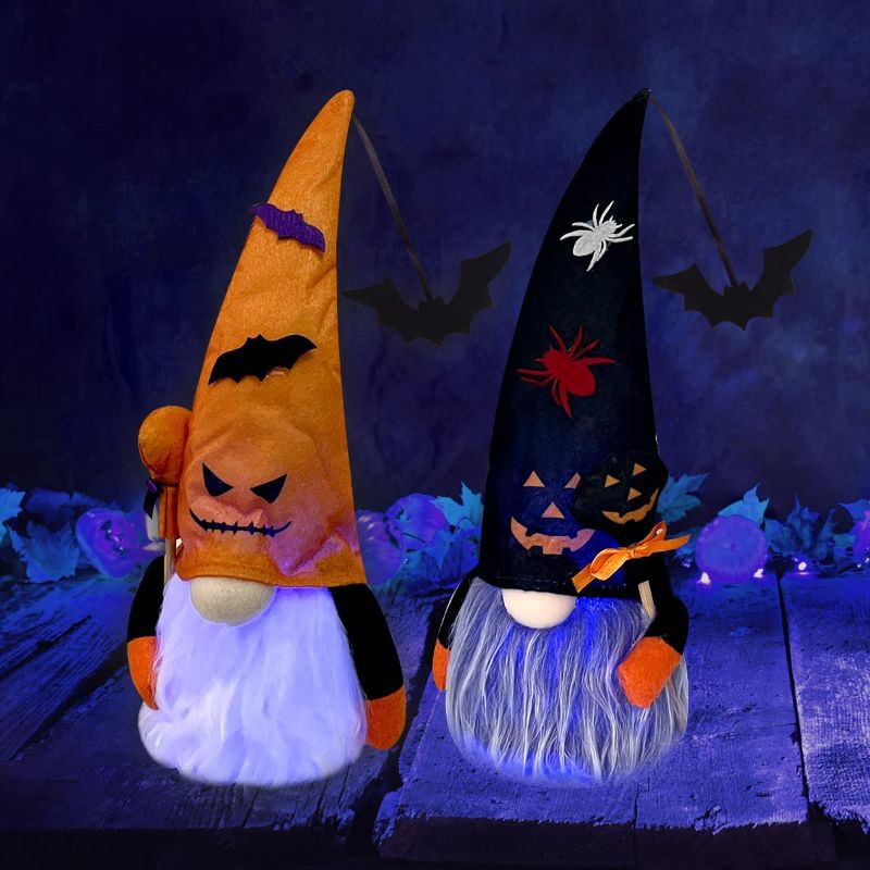 Photo 1 of 2PCS Halloween Gnomes, Led Lighted Gnomes Plush Decor with Pumpkin Bats Spider Ghost Halloween Fall Theme Gnomes Faceless Dwarf Elf Decoration for Halloween Party Home Indoor Tier Tray Table Decor