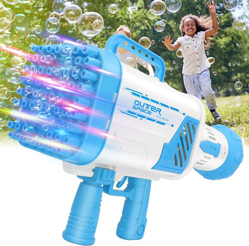 Photo 1 of Bubble Machine Gun, 64 Holes Bazooka Bubble Gun with 30 Pcs Bubble Concentrate Pouch, 2 Bubble Solution, Bubble Rocket Boom Maker for Wedding Summer Party Outdoor Toy, Gift for Adults Boys Girls(Blue)