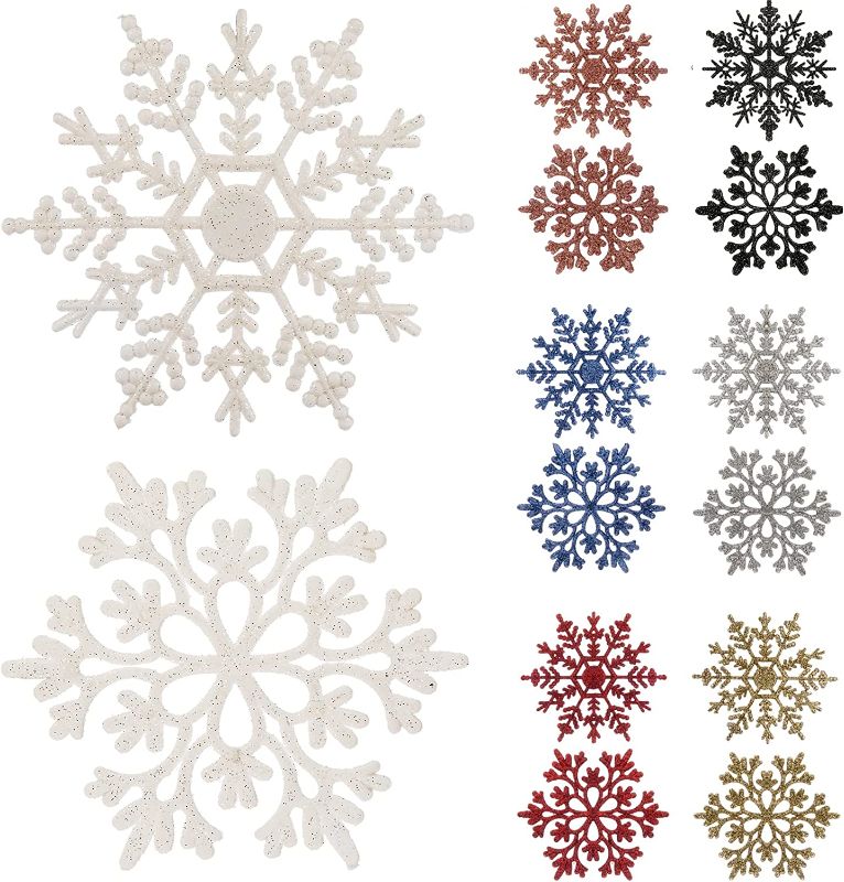 Photo 1 of 3.9"/38 Pieces Plastic Snowflake Ornaments Christmas Glitter Snowflakes Hanging Crafts for Christmas Tree Decorations (White 01, 3.9in)
