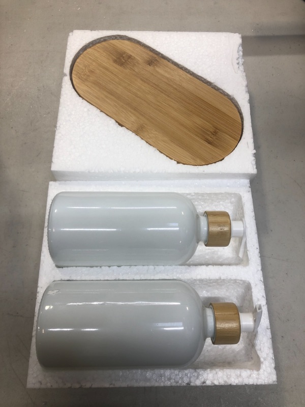 Photo 2 of 2 Pack Kitchen Soap Dispenser Set with Bamboo Tray, Glass Soap Dispenser Pump, Hand and Dish Soap Dispenser Set for Bathroom, Refillable Lotion Dispenser Sanitizer Shampoo Conditioner Labels (White)