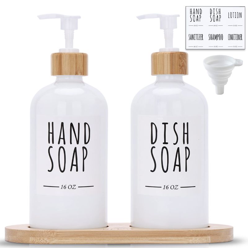 Photo 1 of 2 Pack Kitchen Soap Dispenser Set with Bamboo Tray, Glass Soap Dispenser Pump, Hand and Dish Soap Dispenser Set for Bathroom, Refillable Lotion Dispenser Sanitizer Shampoo Conditioner Labels (White)