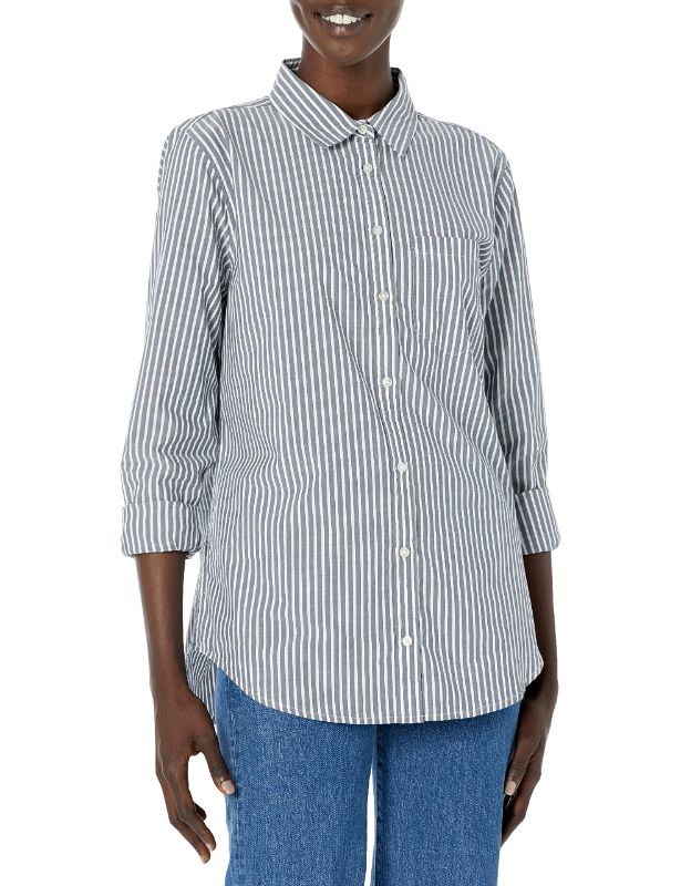 Photo 1 of Amazon Essentials Women's Classic-Fit Long-Sleeve Button-Down Poplin Shirt Large Indigo, Stripe