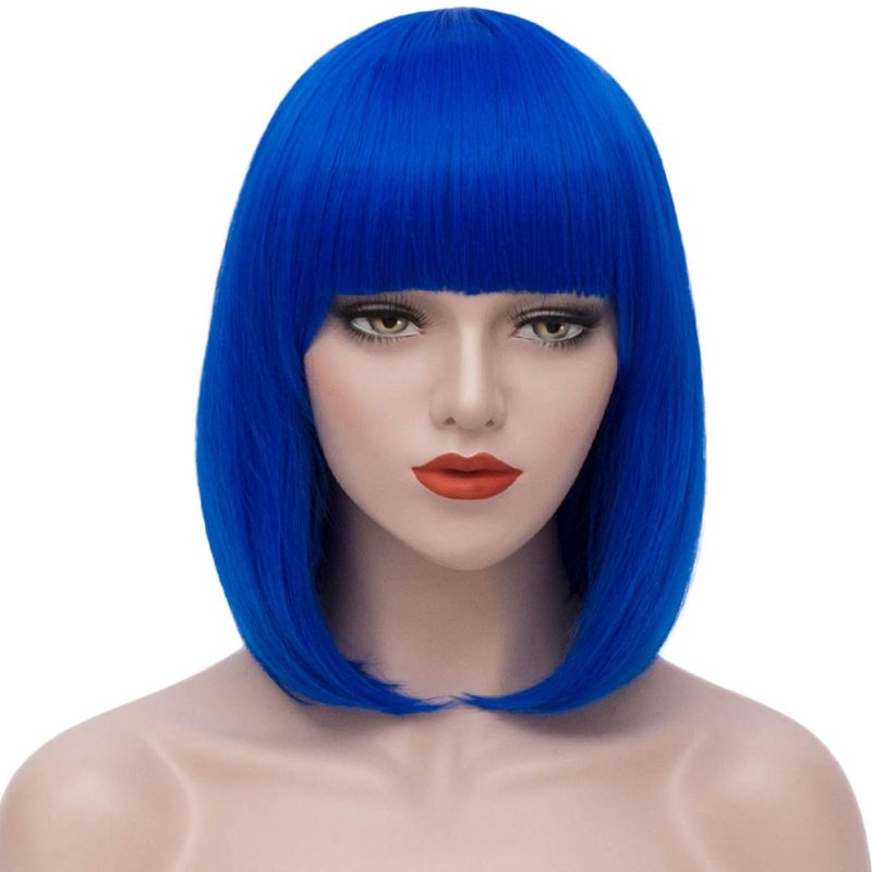 Photo 1 of Bopocoko Short Blue Wigs for Women, 12'' Blue Bob Hair Wig with Bangs, Natural Fashion Synthetic Full Wig, Cute Colored Wigs for Daily Party Cosplay Halloween BU151BL
