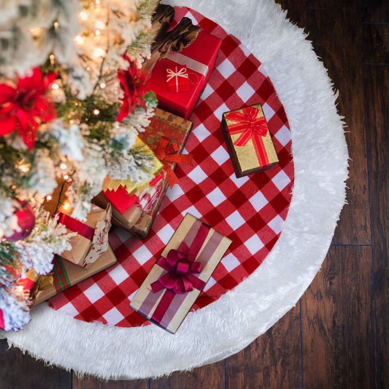 Photo 1 of 36 Inch Christmastree Skirt, Luxury Faux Fur Christmas Tree Skirt, Red White Buffalo Plaid Tree Skirt for Xmas Tree Decoration, Christmas Winter New Year House
