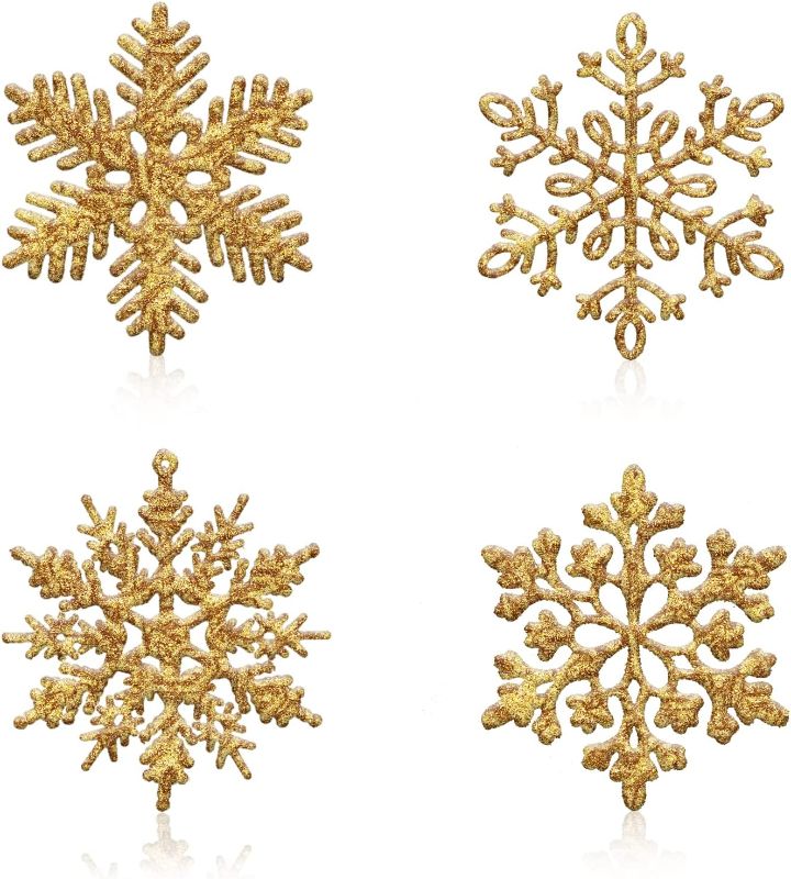 Photo 1 of 36pcs Gold Glitter Snowflake Ornaments Christmas Tree Decorations, 4 Inch Plastic Snowflake Hanging Decorations Christmas Tree Ornaments for Winter Wonderland Holiday Party
