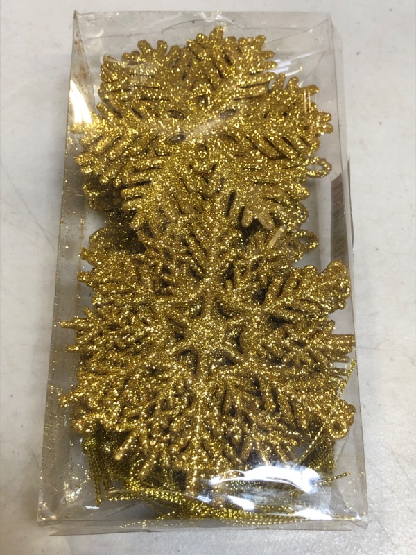 Photo 2 of 36pcs Gold Glitter Snowflake Ornaments Christmas Tree Decorations, 4 Inch Plastic Snowflake Hanging Decorations Christmas Tree Ornaments for Winter Wonderland Holiday Party
