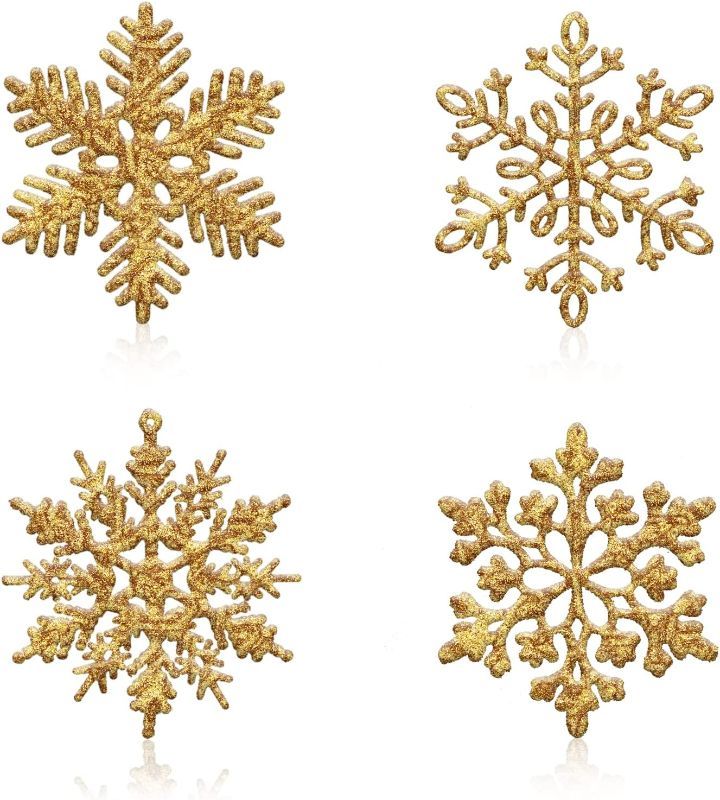 Photo 1 of 36pcs Gold Glitter Snowflake Ornaments Christmas Tree Decorations, 4 Inch Plastic Snowflake Hanging Decorations Christmas Tree Ornaments for Winter Wonderland Holiday Party
