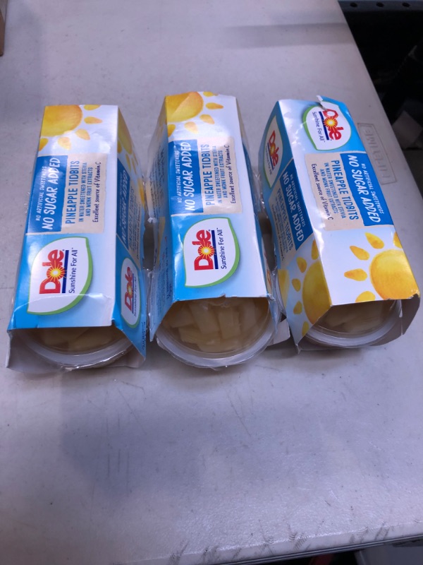 Photo 1 of (3 PACK) Dole Fruit Bowls No Sugar Added Pineapple Tidbits in 100% Fruit Juice, 4 Oz Fruit Bowls, 4 Cups of Fruit
BB: 1/25/2023