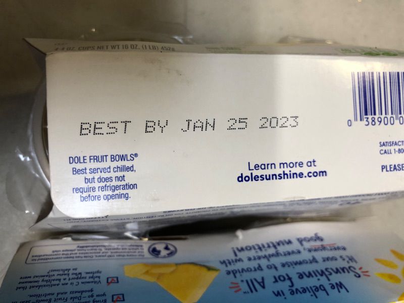 Photo 2 of (3 PACK) Dole Fruit Bowls No Sugar Added Pineapple Tidbits in 100% Fruit Juice, 4 Oz Fruit Bowls, 4 Cups of Fruit
BB: 1/25/2023