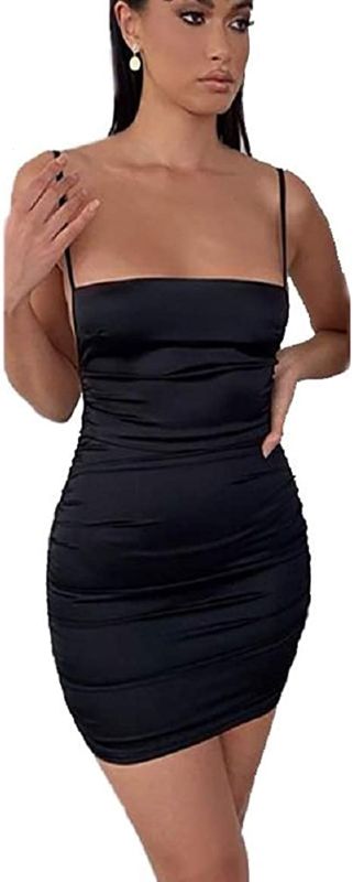 Photo 1 of ANKOMINA Women's Sexy Satin Bodycon Elegant Backless Spaghetti Strap Ruched Mini Dress for Cocktail Party Clubwear
MEDIUM