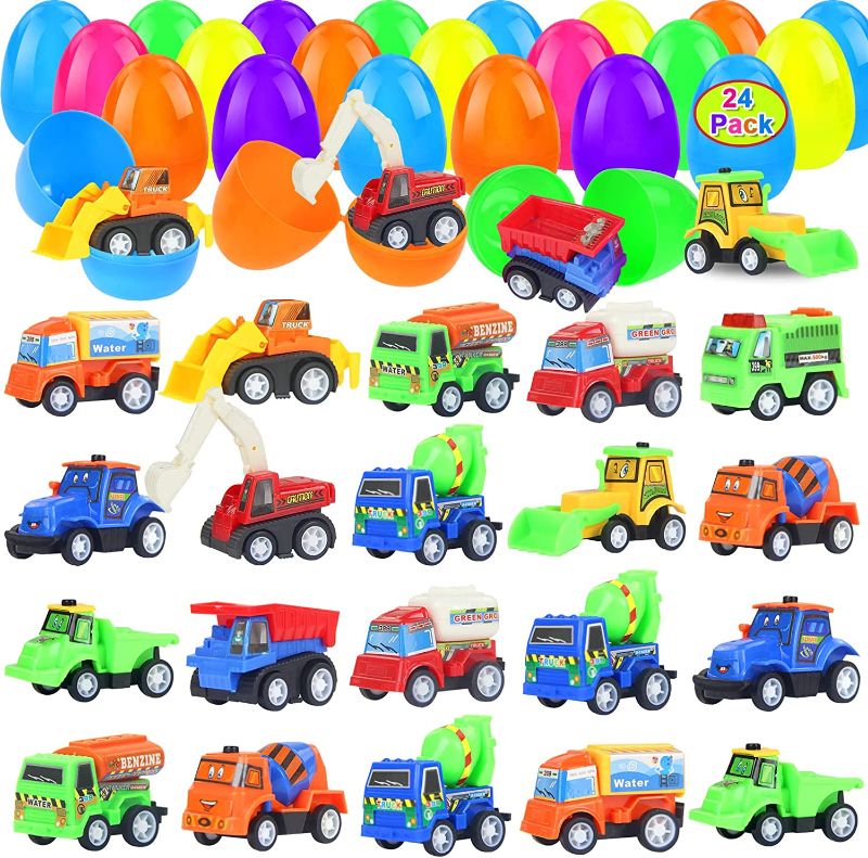 Photo 1 of 24 Pcs Filled Easter Eggs with Mini Pull Back Cars, 3.2" Colorful Easter Egg Refillable with Various Surprised Pull Back Vehicles for Kids Easter Eggs Hunt and Party Favors, Easter Basket Stuffers