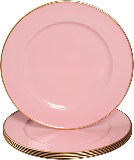 Photo 1 of  13" Pink Charger Plates, Round Plate Chargers with Gold Rim, Plastic Decorative Charger Plates for Wedding, Tabletop Decor, Set of 6