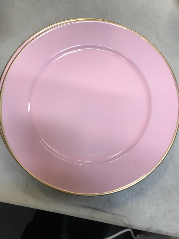 Photo 2 of  13" Pink Charger Plates, Round Plate Chargers with Gold Rim, Plastic Decorative Charger Plates for Wedding, Tabletop Decor, Set of 6