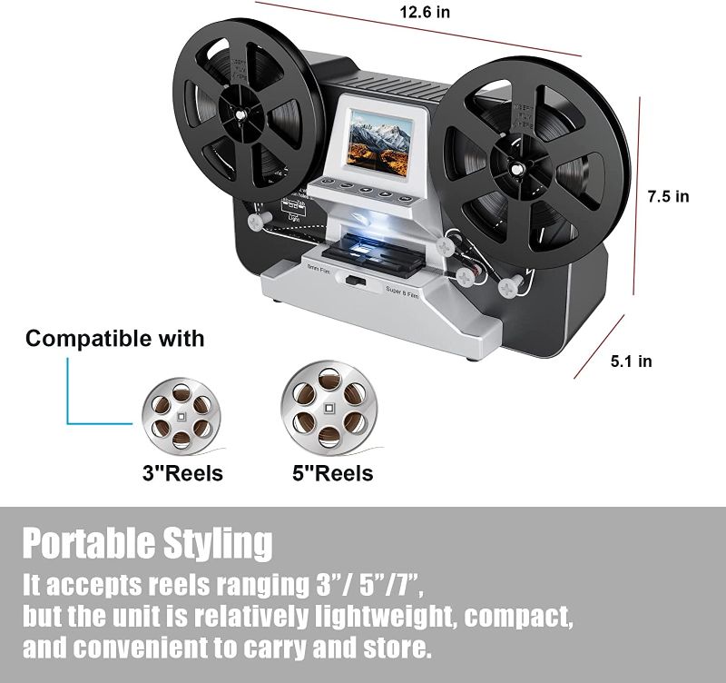 Photo 1 of 8mm & Super 8 Films Digitizer Converter,Scanner Converts Film Frame by Frame to Digital MP4 Files,with Vibrant 2.4" Screen, Viewing, Sharing & Saving on SD Card(Included) for 3” and 5” Reels (Grey)***FACTORY SEALED BEFORE OPENING. DAMAGED PACKAGING