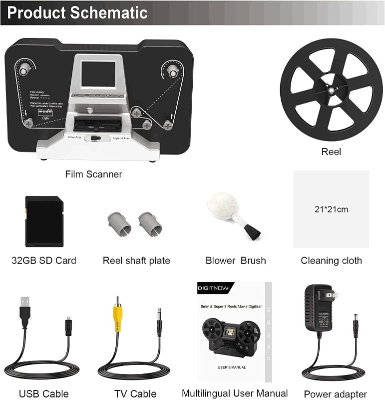 Photo 2 of 8mm & Super 8 Films Digitizer Converter,Scanner Converts Film Frame by Frame to Digital MP4 Files,with Vibrant 2.4" Screen, Viewing, Sharing & Saving on SD Card(Included) for 3” and 5” Reels (Grey)***FACTORY SEALED BEFORE OPENING. DAMAGED PACKAGING