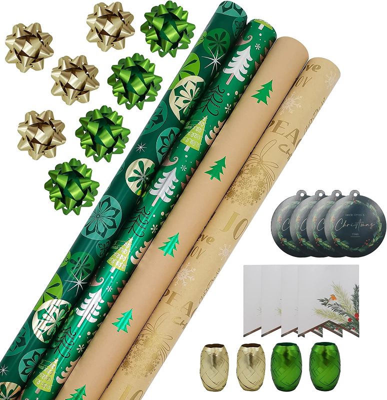 Photo 1 of Wrapping Paper, 4 Rolls of Green Christmas Birthday Wrapping Paper. Includes Christmas Tree, Snowflakes, Merry Christmas Elements. Includes Decorative Flowers, Ribbons, Labels. Each Roll of Gift Wrap Paper Measures 27.5 In X 13 ft