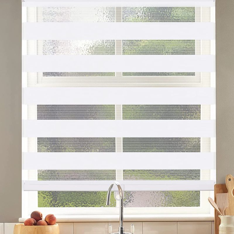 Photo 1 of SEEYE Cordless Zebra Blinds Roller Shades for Window Day and Night Blind Dual Layer Light Filtering Shade Light Control Room Darkening Horizontal Window Treatment 31" W X 72" H, White
