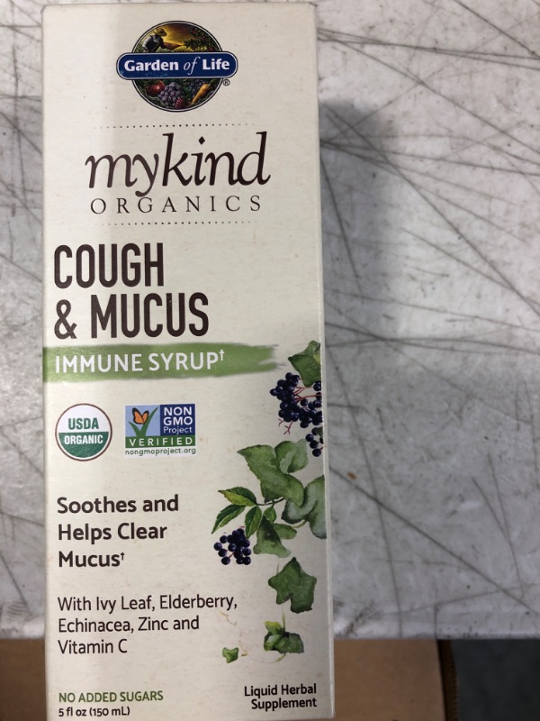 Photo 2 of Garden of Life Elderberry Zinc Immune Support for Adults and Kids 12 & Older, mykind Organics Cough & Mucus Immune Syrup 5 fl oz with Ivy Leaf, Vitamin C and Echinacea, No Added Sugars