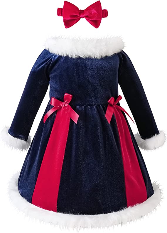 Photo 1 of AIKEIDY Toddler Baby Girl Christmas Dress Long Sleeve Velvet Dress for Holiday Wedding Party
