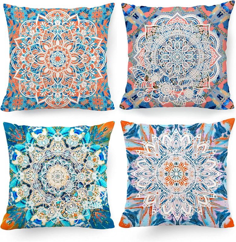 Photo 1 of Hexagram Decorative Boho Pillow Covers 18 x 18 Orange Blue Farmhouse Bohemian Throw Pillow Covers Set of 4 for Living Room Couch Sofa Bed Outdoor Patio Bench Soft Polyester Orange Red Blue Home Decor
