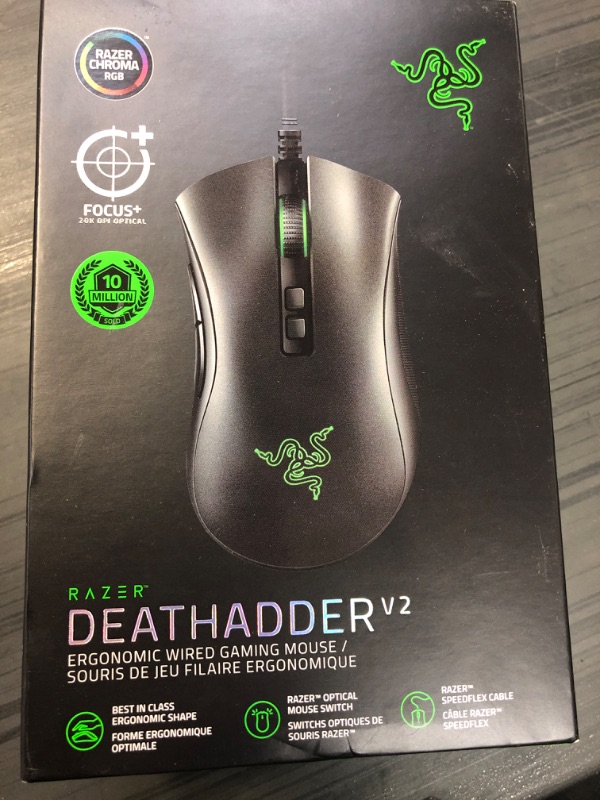 Photo 2 of Razer DeathAdder V2 Gaming Mouse: 20K DPI Optical Sensor - Fastest Gaming Mouse Switch - Chroma RGB Lighting - 8 Programmable Buttons - Rubberized Side Grips - Classic Black Mouse DeathAdder V2 Classic Black
-FACTORY SEALED-