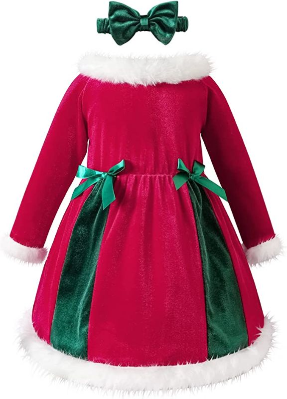 Photo 1 of  Toddler Baby Girl Christmas Dress Long Sleeve Velvet Dress for Holiday Wedding Party-size 3T-4T