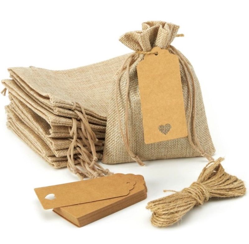 Photo 1 of 10pc Premium Burlap Gift Bags with Drawstring and 10 Gift Tags & String
