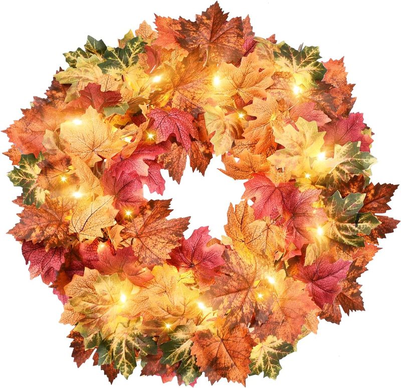 Photo 1 of  Fall Wreaths for Front Door, 18” Autumn Maple Leave Wreaths with Timer for Wall Window Party Wedding Decor Indoor Outdoor Fall Wreaths with Lights for Home Halloween Thanksgivings Decor