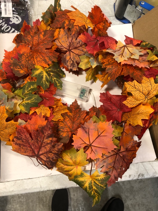 Photo 2 of  Fall Wreaths for Front Door, 18” Autumn Maple Leave Wreaths with Timer for Wall Window Party Wedding Decor Indoor Outdoor Fall Wreaths with Lights for Home Halloween Thanksgivings Decor