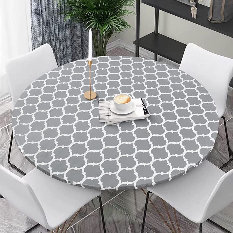 Photo 1 of  Vinyl Round Fitted Table Cover, 100% Waterproof Vinyl Tablecloth with Flannel Backing, Round Tablecloth Fits Tables up to 45"-56" Diameter, Lattice Grey Modern Geometric Trellis