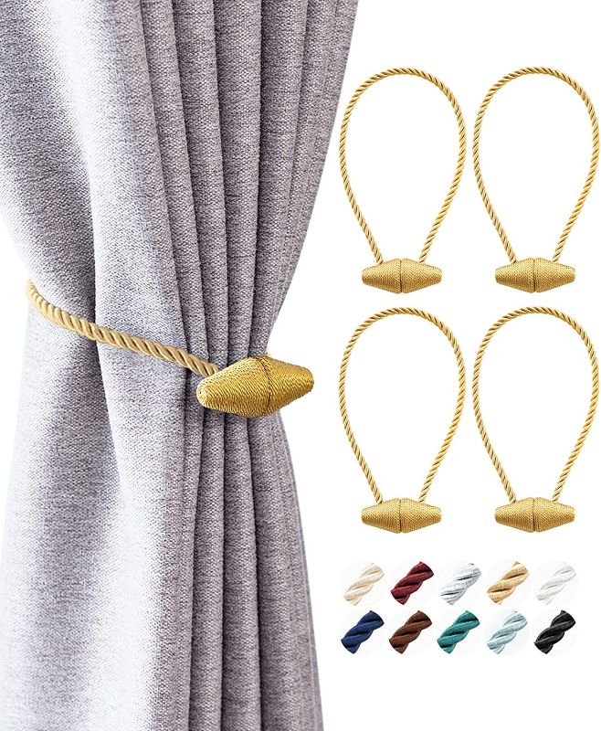 Photo 1 of  Magnetic Curtain Tiebacks, 4 Pcs 16” Window Treatment Holdbacks for Blackout /Sheer, Upgraded Twisted Rope Ties Suit for Indoor/Outdoor Drapery - Gold