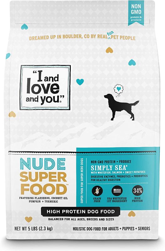 Photo 1 of "I and love and you" Nude Superfood Dry Dog Food - Grain Free Kibble, Prebiotics & Probiotics, Whitefish + Salmon, 5-Pound ( EXP: 08/07/2023) 
