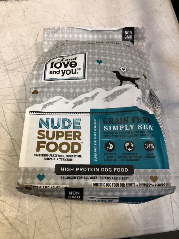 Photo 2 of "I and love and you" Nude Superfood Dry Dog Food - Grain Free Kibble, Prebiotics & Probiotics, Whitefish + Salmon, 5-Pound ( EXP: 08/07/2023) 
