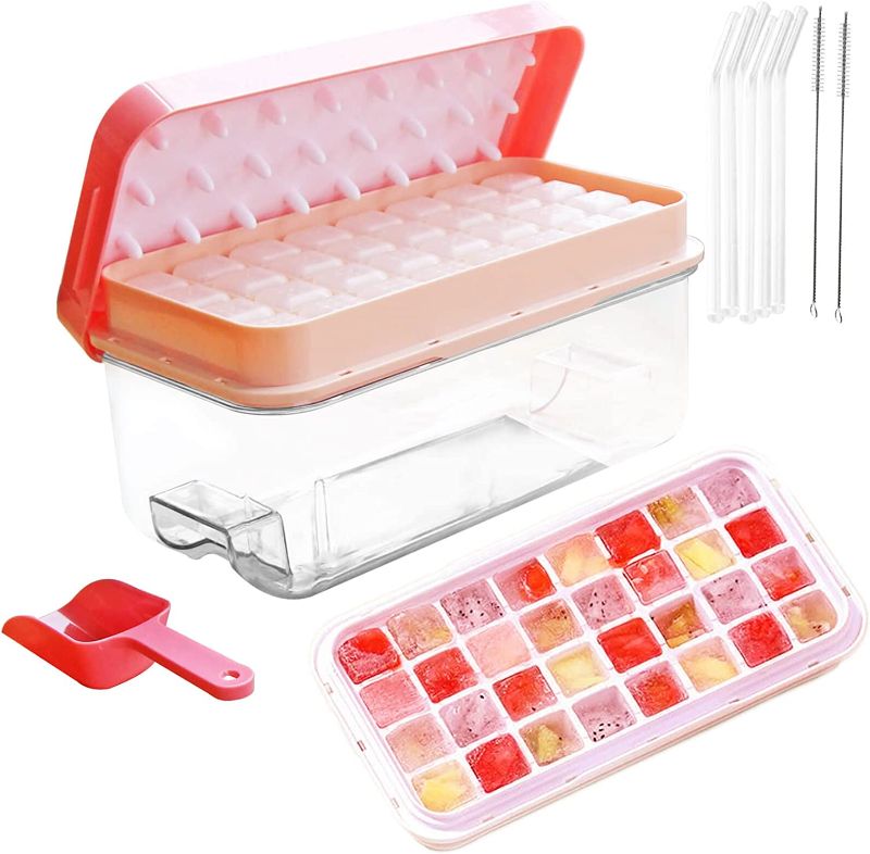 Photo 1 of [2022 Upgraded] Ice Cube Tray with lid and bin for Freezer?64PCS,Include 6 Reusable Glass Straws?Easy to Remove for 1 Sec Design,Stackable Ice Cube Molds for Whiskey,BPA Free
