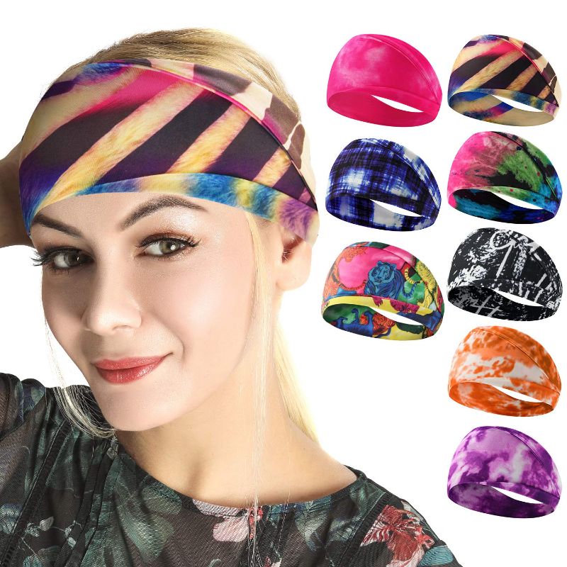 Photo 1 of 8 Pack Headbands for Women, Boho Style Yoga Wide Hairbands Workout Running Bandanas Elastic Yoga Hair bands for Girls
