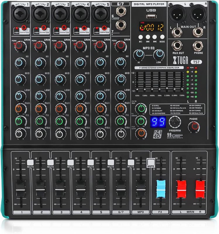 Photo 1 of XTUGA TS7 Professional 7 Channel Audio Mixer with 99 DSP Effects,7-band EQ,Independent 48V Phantom Power&Mute Button,Bluetooth Function,USB Interface Recording for Studio/DJ Stage/Party
