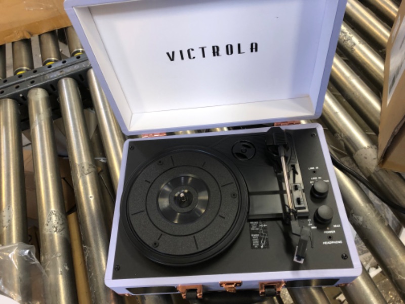 Photo 2 of Victrola Vintage 3-Speed Bluetooth Portable Suitcase Record Player with Built-in Speakers | Upgraded Turntable Audio Sound | Lavender (VSC-550BT-LVG) Lavender/Silver Record Player