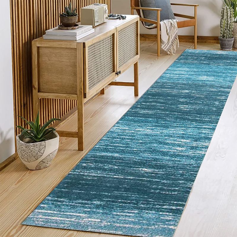 Photo 1 of AMIDA Hallway Runner Rugs 9 feet Non Slip Machine Washable Contemporary Sea Blue Stripe Abstract 23" X 8'10" Flat Weave Dog Friendly Kitchen Runner Indoor mat
