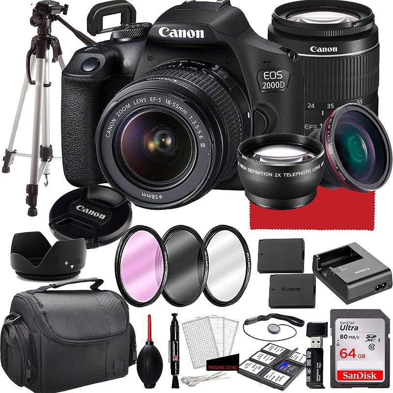 Photo 1 of Canon EOS 2000D (Rebel T7) DSLR Camera with 18-55mm f/3.5-5.6 Zoom Lens, 64GB Memory,Case, Tripod and More (28pc Bundle)
