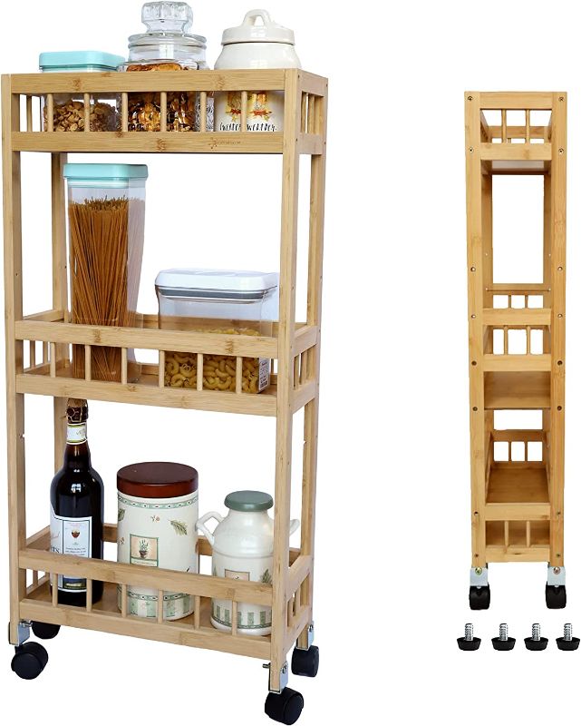 Photo 1 of altCooking Hub Bamboo Storage Cart - 3-Tier Wood Narrow Kitchen Cart with Adjustable Shelf Height and Wheels for Bar, Pantry, Bathroom, Laundry Room, Living Room
