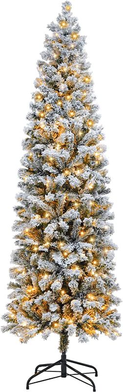 Photo 1 of 6 Ft Pre Lit Flocked Pencil Christmas Tree Artificial Tall Slim Christmas Tree Skinny Xmas Tree with 216 Led Lights & 550 Branch Tips, Prelit Christmas Tree for Indoor Outdoor Yard Decorations

