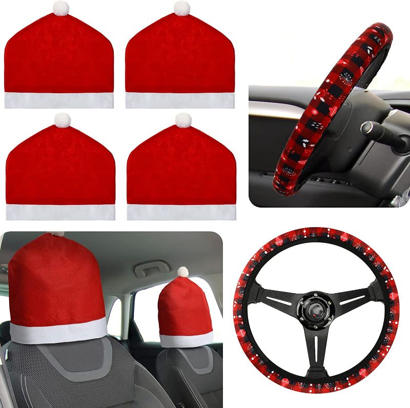 Photo 1 of 5 Pack Christmas Santa Claus Hat Set 4 Pcs Car Seat Headrest Covers Cute Car Seat Head Rest Cover and 1 Pc Christmas Steering Wheel Cover for Most Car Headrest
