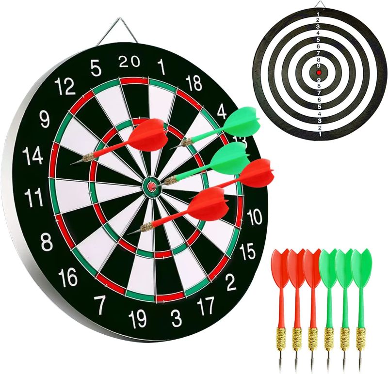 Photo 1 of  Dart Board Game Set - 17'' Double Sided Usable Dartboard with 6 Steel Tip Darts, Excellent Indoor & Outdoor Party Game, Christmas Birthday Gifts for Adults Teens Family Office Leisure Sport