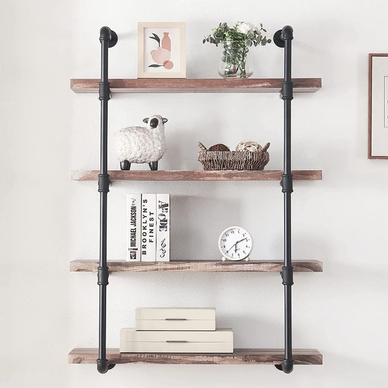 Photo 1 of  4-Shelf Rustic Pipe Shelving Unit, Metal Decorative Accent Wall Book Shelf for Home or Office Organizer, Retro Brown